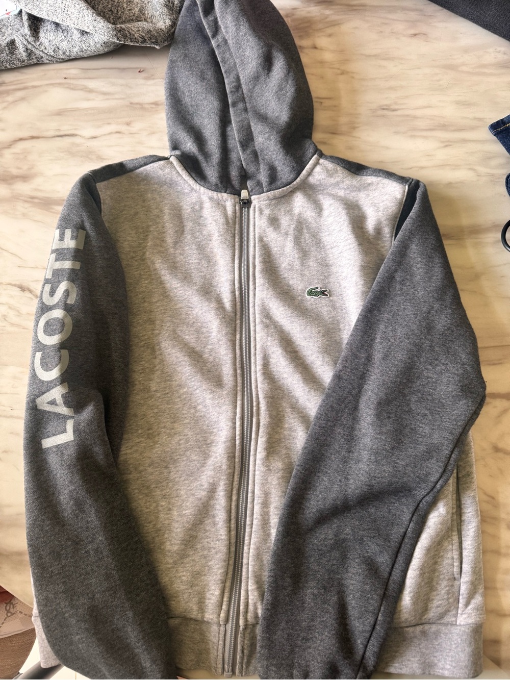 Lacoste Two-Tone Gray Hooded Zip Sweatshirt with Sleeve Logo